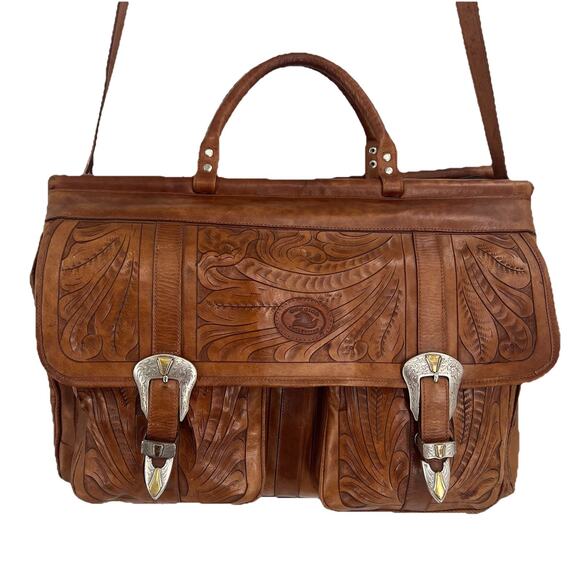 Vintage Sergios Tooled Leather Messenger Bag Shoulder Duffel Western Cowboy